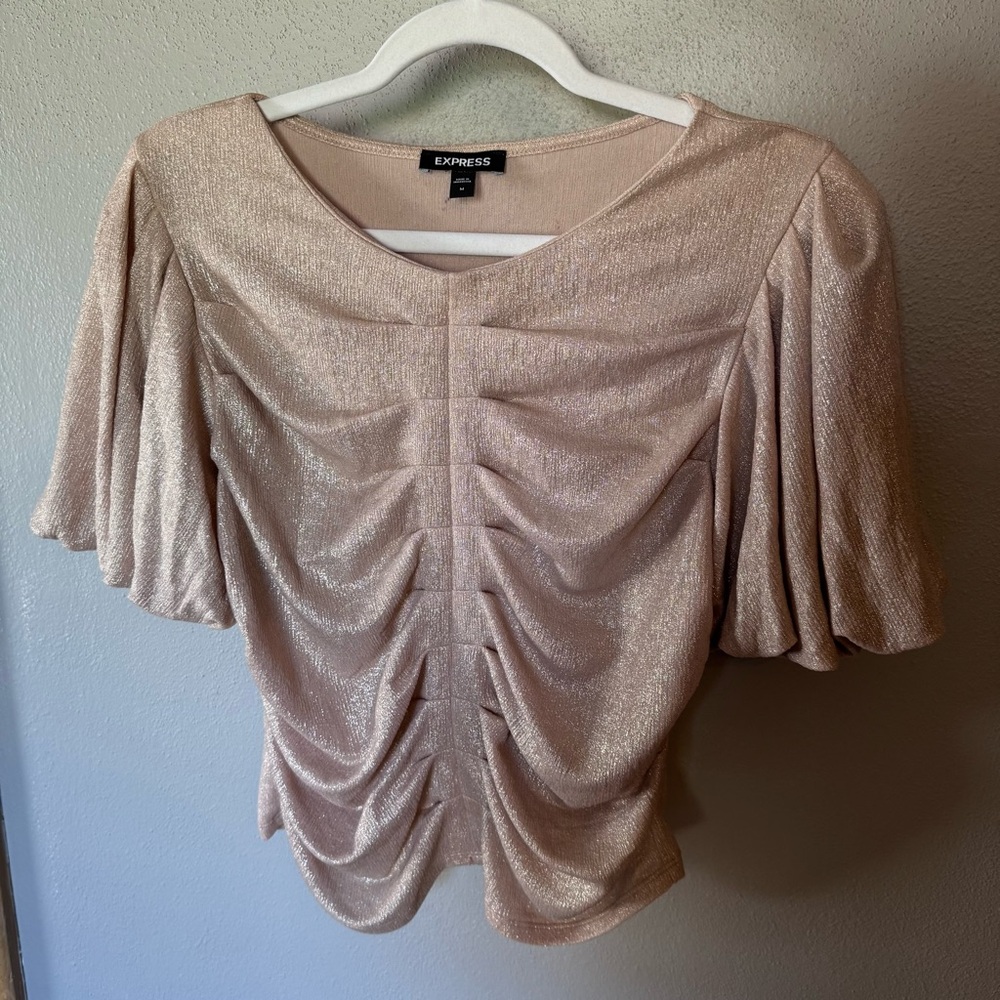Express Gold Flutter Sleeve Ruched Blouse
